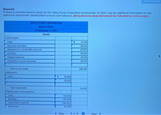 Check my work Required: Prepare a classified balance sheet for the Valley Pump Corporation at December 31, 2021. Use the addi