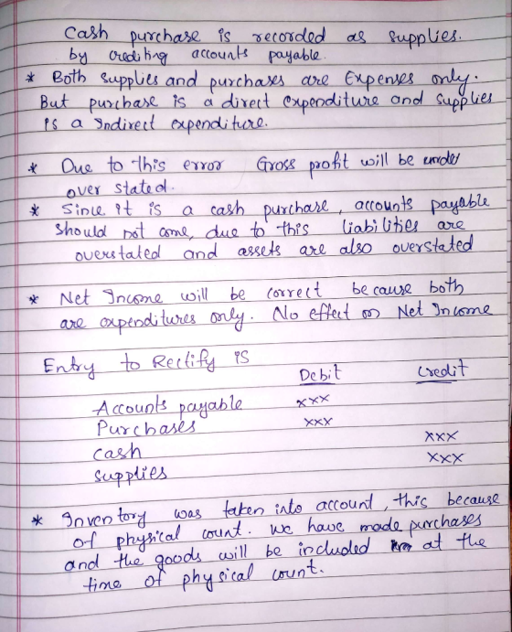 cash purchase is recorded as supplies. by crediting accounts payable. * Both Supplies and purchases are Expenses only. But pu