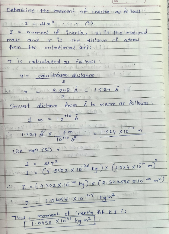 Date Determine the moment of inertia as follows, I allge, 19 (1) A I = moment of inertia, el is the reduced mass and r is the