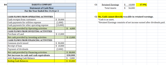 B4 C1 $ 17.9% DAKOTA COMPANY Statement of Cash Flow For the Year Ended Dec 31, Year 2 Retained Earnings Total Assets 10,000 5