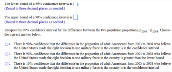 The lower bound of a 90% confidence interval is - (Round to three decimal places as needed.) The upper bound of a 90% confide