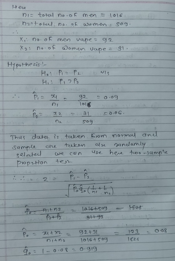 Hese DIE total no. of men = 1016 02 na-total. no. of women = sog. X,. no. of men vape = 92 X2: no. of Women vape = 31. nou Hy