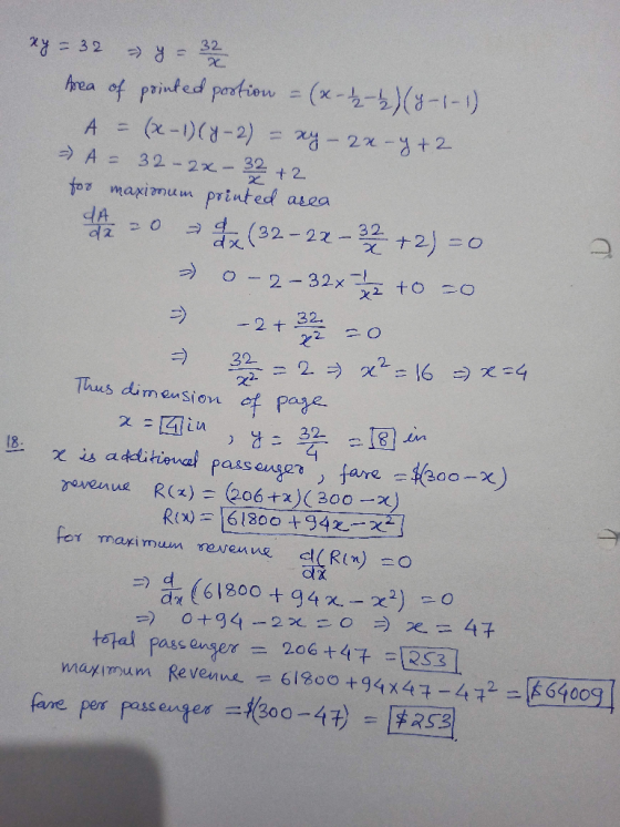 1 xy=32 y = 32 Area of pointed portion = (x - 12 - 2)(y-1-1) A = (x-1)(y-2) = xy - 2x - 4+2 = A= 32 - 2x - 32+2 for maximum p