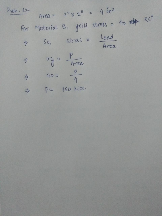 Prob. 12 Areaz 2x2 e 4 in 2 For Material B, yelld stress = 40 1. Ksi stress a → So, Load Area. P oya Area 40= P 4 P= 160 ki