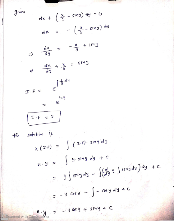 ginen dat ( - sony) dy = 0 x siny) ay up + simy du dy - 2 / - > huis = + xl du dy et dy I f = any I of - 9 off solution is x