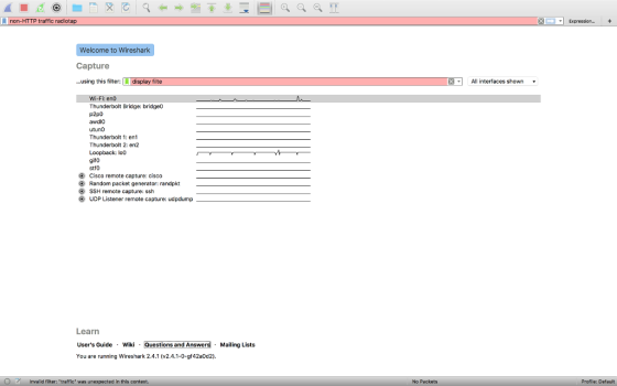 non-HTTP traffic radiotap Expreesio.+ Welcome to Wireshark Capture ...using this filter: display filte All interfaces shown W