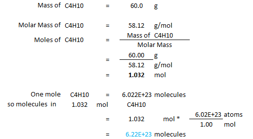 Mass of C4H10 = 60.0 g Molar Mass of C4H10 Moles of C4H10 58.12 g/mol Mass of C4H10 Molar Mass 60.00 g 58.12 g/mol 1.032 mol