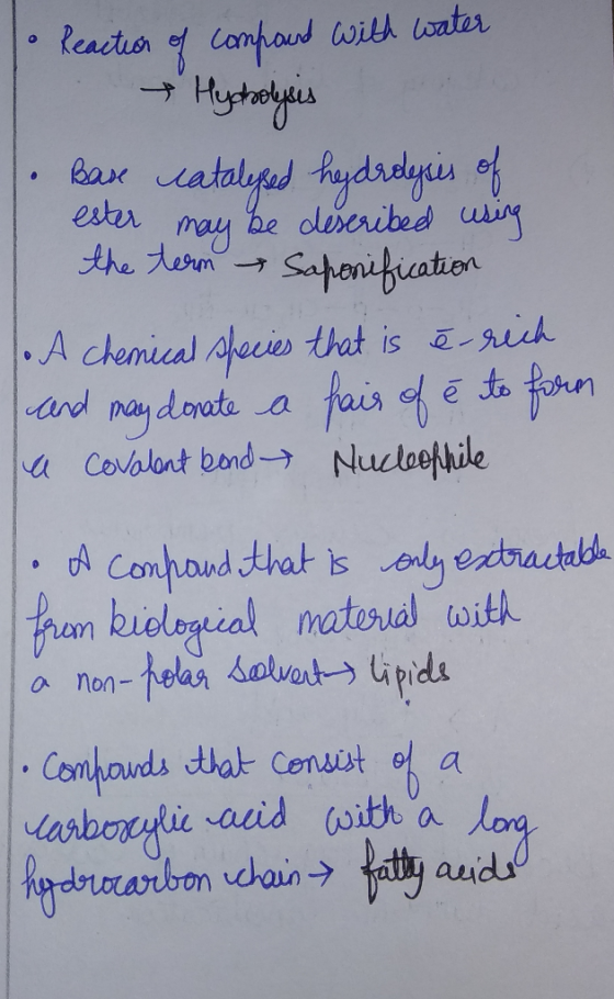 1. Reaction of compound with water - Hydrolysis J. Base catalysed hydrolysis of ester may be described using the term Saponif