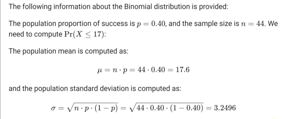 The following information about the Binomial distribution is provided: The population proportion of success is p = 0.40, and