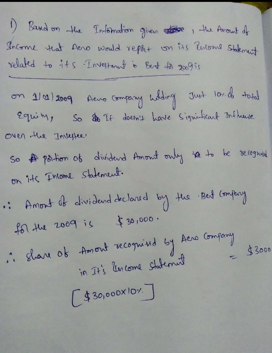 1 Band on the Information given the Amount of Income that Ano would reput on its encome Statement related to its Investment i
