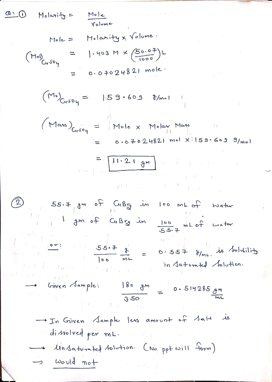 @: 0 Molarity - Mole Politie rolume Mole = Molarity & Volume. (Malleuson = 1.403 M* C.COM) = 0.07024821 mole. (Mo) Gavion = 1