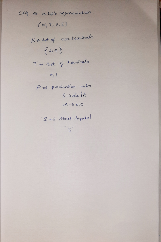 CFG as 4-tople representation (N,TIPIS) N set of non-terminals {s, A} Ta set of terminals 0,1 Pe production rules soola A sol