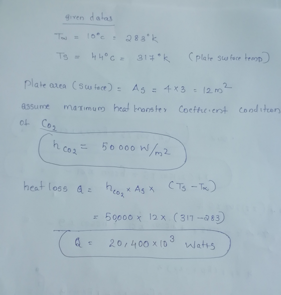 given datas Tow = 10°c 2830k Ts 4 4° 6 = 3170k (plate sue face temp Plate area (scue face) = Ag = 4x3 = 12m 2 assume maximum