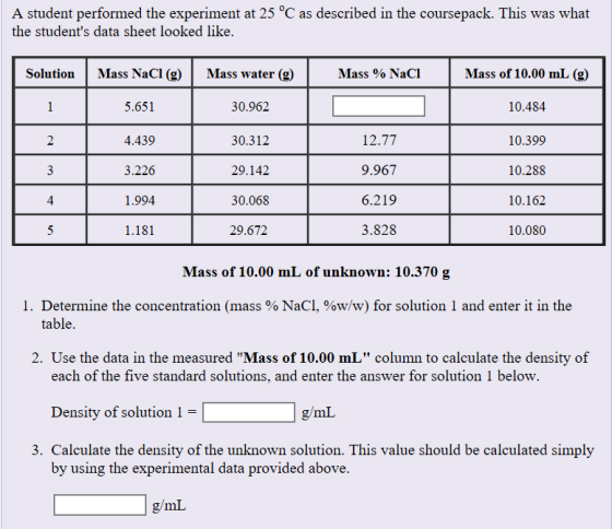 A student performed the experiment at 25°C as described in the coursepack. This was what the students data sheet looked like