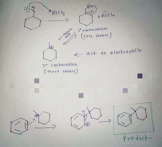 SAIC TAICly tride is a very a 10 carbocation cless stable) ess sto shift < act as electrophile 3o carbocation (more stable) p
