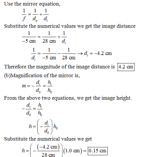 Use the mirror equation, Substitute the numerical values we get the image distance -5 cm 28 cm d d. 5 cm 28 cm Therefore the