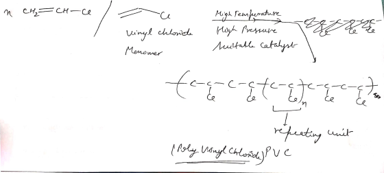 n CH₂=CH-ce / = ce vinyl chlowate High Temperature High Pressure suitable catalyst a r e Menomer tocacete efecte - repeating
