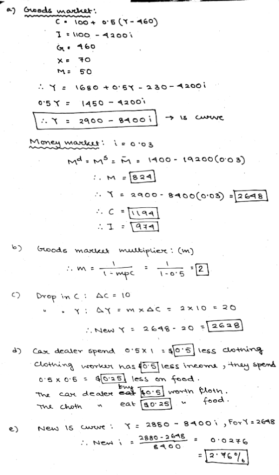 ay Goods mareket: C 100+ 05 (Y-460) I = 1100 - 42001 Ge 460 X = 70 ME 50 .: Y 1680 +0.5Y - 230- 42001. 0.5 Y = 1450 - 42001 Y