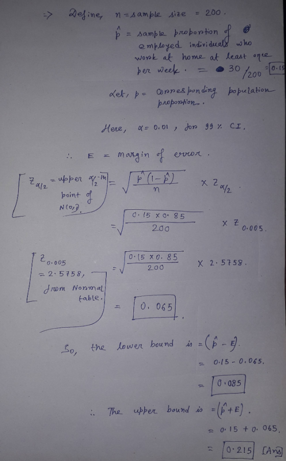 2efine 200 nSample size p samp le brobonton employed indivi dual who work at ho me at least one ber week 30 /200 Coares pondi
