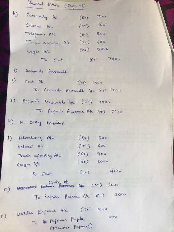 Journal Entries (Page 2) A Advertising Aka Interest All Telephone Alc Truck coperating All Woges Al To cash (p) 700 (or) 700