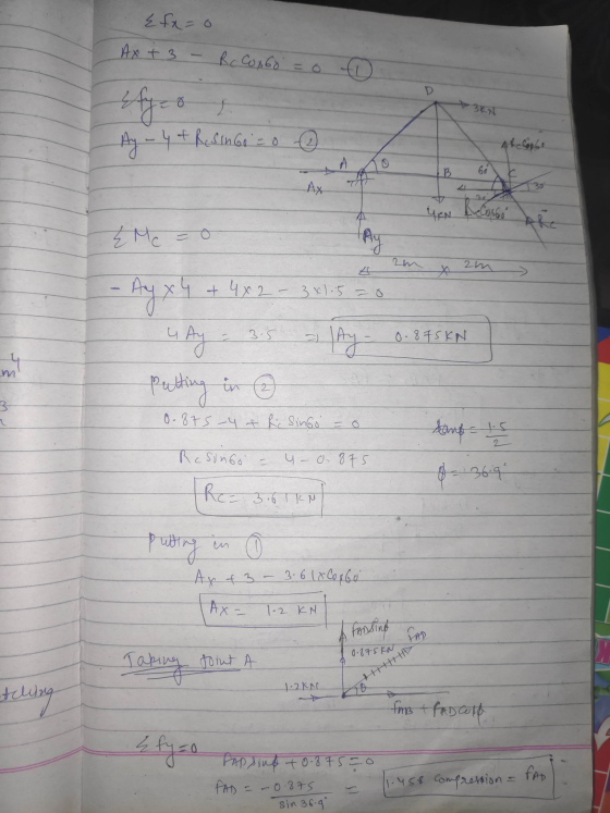 م کہ کے Ax + 3 - Rc Coxbo = 0 0 Ay - 4 + Resine = o IB 66 t 30 وما ، है। 2 m 4x2 – 3x1.5 = 0 4 Ay = 35 Putting in o ma Ay - 0