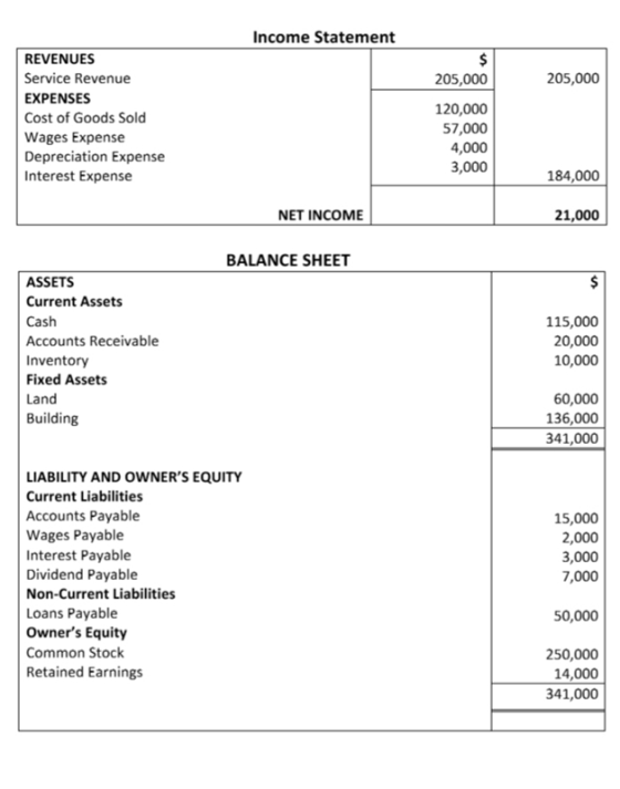Income Statement 205,000 205,000 REVENUES Service Revenue EXPENSES Cost of Goods Sold Wages Expense Depreciation Expense Inte