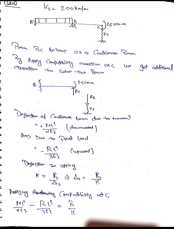 Que Ks= 2ookalu IIB 725 125KN-m Sks Beam BC behave as a Caulilova Boama By Apply compatibility canation at Callation geo addi