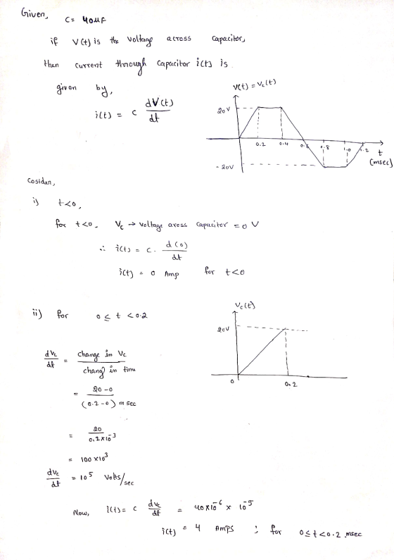 Given, C= your a tross if V (+) is the voltage Capacitor, then Current through Capacitor icts is given by, dv.ct) ict) = dt v