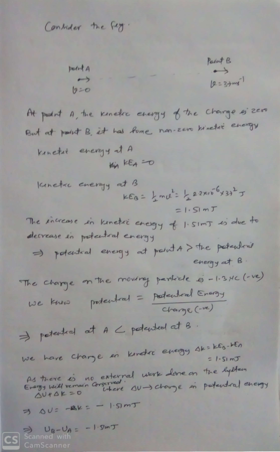 Consider the key Point B poent A 10 = 34 mg) bo At prudent A, the kinetic energy of the charge ej zero But at present B, it h