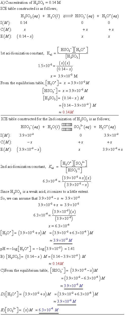 H50,(aq) + H30* (aq) A) Concentration of H SQ = 0.14 M ICE table constructed is as follows; H,80, (aq) + H20(1) F I(M): 0.14