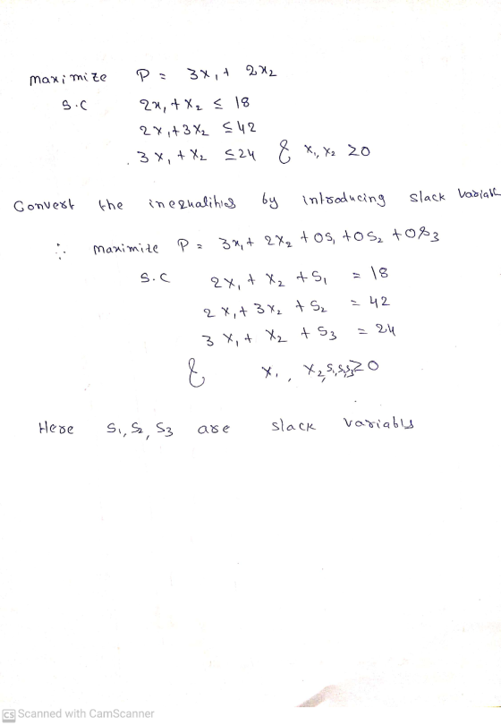 manimize Ps 3x, + 242 S.C 224,+ X2 E 18 2xit 3 X₂ 542 3x, + X2 524 E X., x 20 1 Convert the in ecualities slack Variath by in