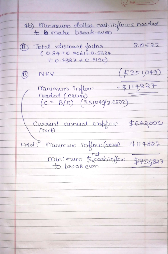 4b) Minimum dollar cash inflows needed to make break-even 7 Total discount factor 3.0572 (0.84 +0.706170.5934 to.4987 +0.4190