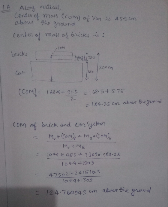 A Along vertical, Center of mass (com) of Von is 4.5.5cm above the ground center of mass of bricks is: COM bricks ☆ 1981%51:5