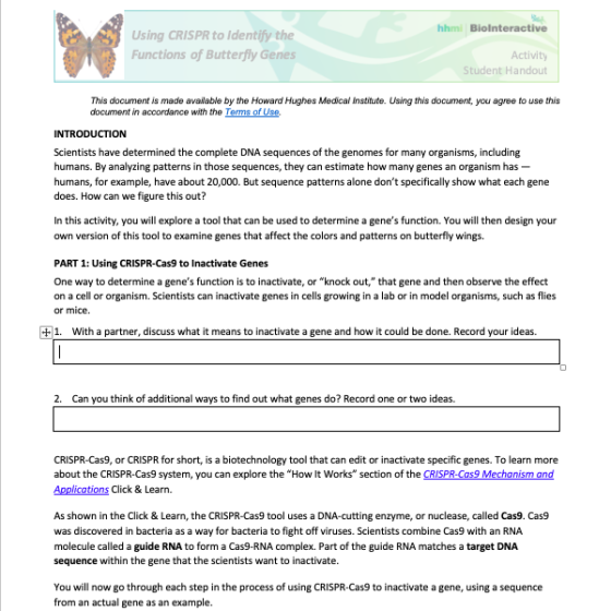 hhmi Biolnteractive Using CRISPR to identify the Functions of Butterfly Genes Activity Student Handout This document is made