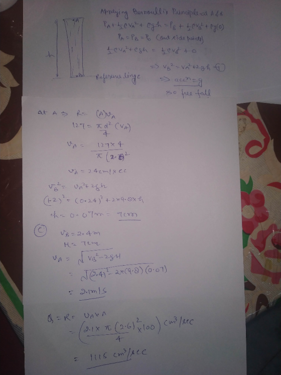 Applying Bernoullis Punciple at A&R Patteva²+ egh = PB + Lev + eg(0) PA = PB = Po Cont xide points) fev ²+ esh = teve to - Vg
