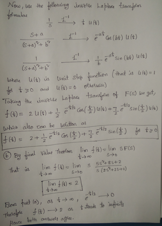 use the follouing inverse haplace tlanfolm Now, falmulae t ult) S+ a zat Cos (bt) u(t) (s+a)+ b Sin (bt) ult) (sta)+b Unit