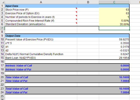 5.00% 35.00% 1 Input Data 2 Stock Price now (P) 3 Exercise Price of Option (EX) 4 Number of periods to Exercise in years (t)