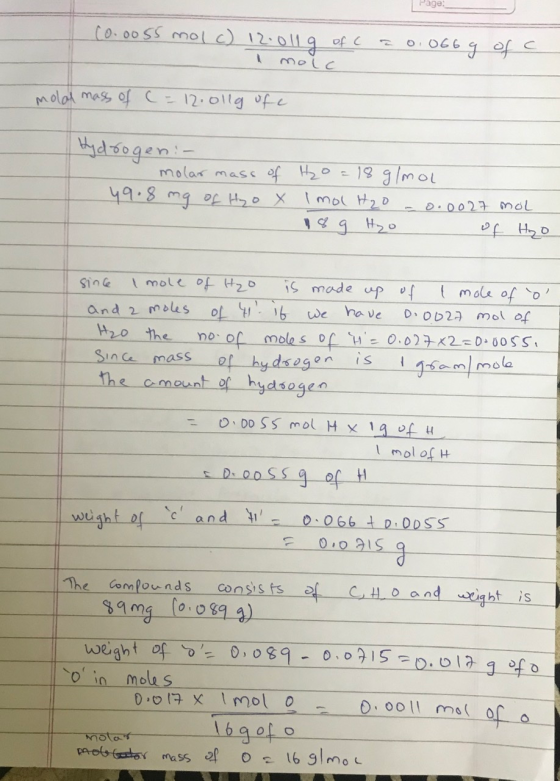 Page: co.0055 moL) 12:0119 of C Molat mass of 12.011g fe helsogen 1 g/mol Molar mass of H2o 49-8 mg of o X .0027 MoL iS made