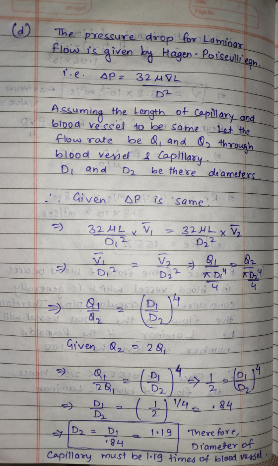 Page No The pressure drop for Laminar (d) flow is given by Hagen - Poiseulliegn. Soix dog tre. AP2 32 MFL kin x 8.02 Assuming