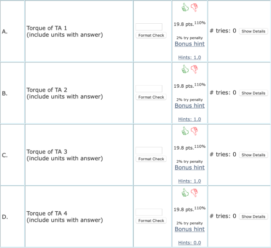 19.8 pts, 110% Torque of TA 1 (include units with answer) # tries: 0 Show Details Format Check 2% try penalty Bonus hint Hint