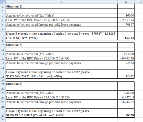 A В 1 Situation 1) 2 3 Amount to be recovered (fair Value) 4 Less: PV of the BPO Price - $23,000 X 0.68058 5 Amount to be rec