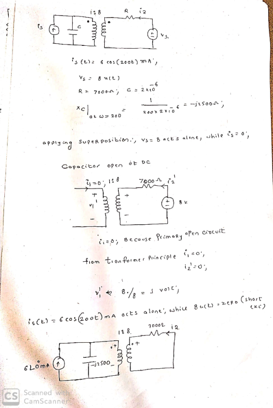 R ia ue. is (t): 6 COS (2005) mA, Vs: 8 uit) R = 70000; C = 2x10 2 Soon хс 200x22,6 at w=200 applying Super position, Vs = 8