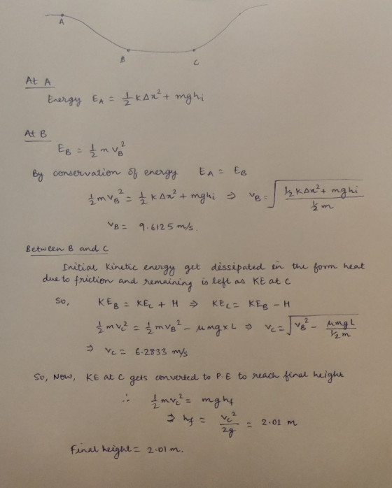 At A Energy EA = 1 KAx² + nghi At B - E = mv By conservation of energy EA - EB 12 kan²+ nghi {mv = 2 kAx² + nghi vB = . ve -