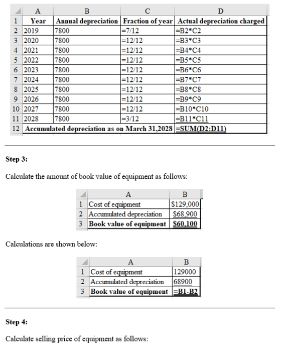 А В C D Annual depreciation Fraction of year| Actual depreciation charged 7800 7800 7800 7800 7800 7800 7800 7800 7800 7800 Y