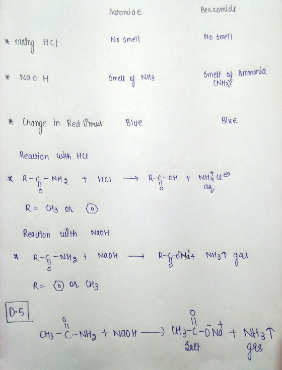 Autamide Benzamide No smell No Smell * naaing HCL * Να ο Η smell of NH3 smell of Ammonia (NH3) * Change in Red limus Blue Blu