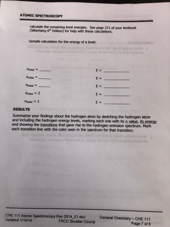 ATOMIC SPECTROSCOPY calculate the remaining level energies. See page 271 of your textbook (Silberberg 6h Edition) for help wi