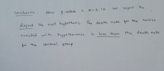 reject Ho. Conclusion < x=0,10 we P-value Here babies Reject the null hypothesis. The death rate for the is less than the dea
