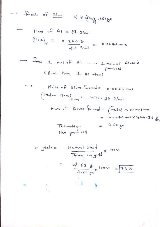 - formula of Alum: K AI (son) lango - Mass of Al = 27 g/mol (Mole) = 0.205 g 27 g/mol 0.0076 mole from 1 mol of Alumis Al O 1