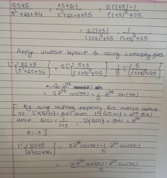 12515 8² +68+34 25+6L s as +9+25 2 (5+3) - (5+3)²425. = 2(3+3) (stej2+25 (5+3j2+25 Apply inverse aplace & using linearity giv