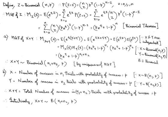 nial Theore 1.X &Y are - independer Define, Zr Binomial (not) :P(z=z)=(^2)+2(1-) 1-2, 2-0,4,in MGE &Z : M268) = E(et2) - Žet?